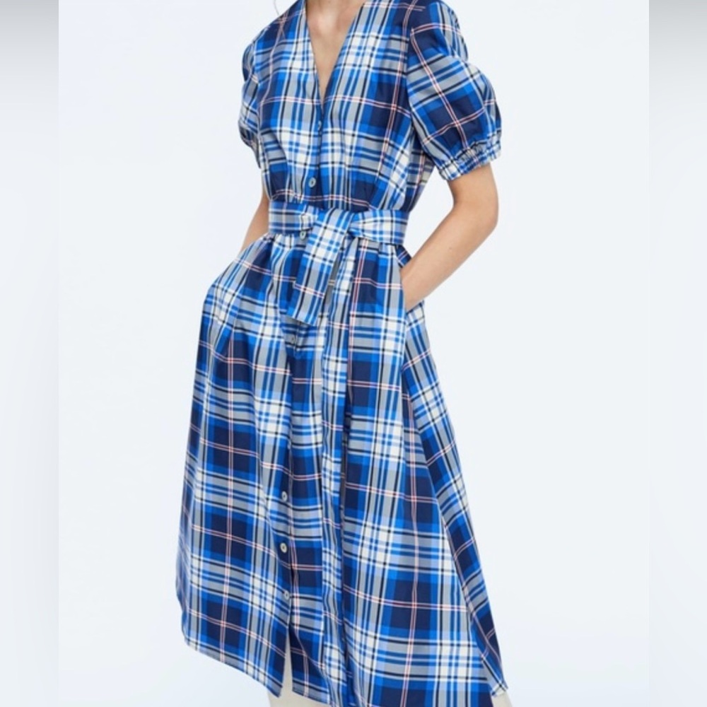 Zara - TAFFETA Blue Plaid Button Down Midi Long Dress with Pockets / L